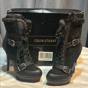 Brand new Very Sexy high heel boots Colin Stuart Black Fur-Trimmed size 8.5